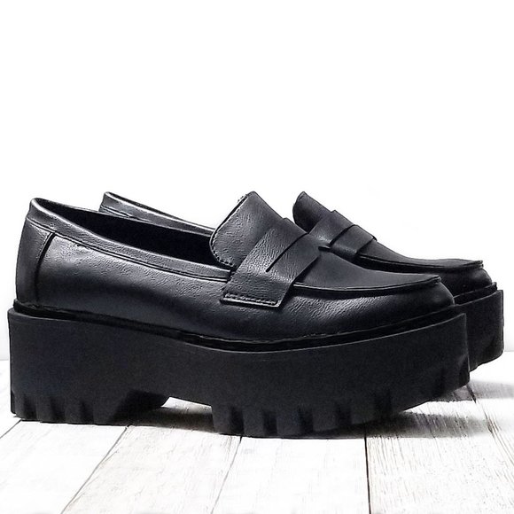 New Black Platform Slip On Chunky Penny Loafers - Picture 3 of 4